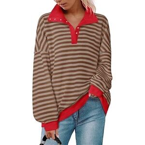 ZESICA Striped Pullover Sweatshirt Brown & Tan with Red Trim Size XL